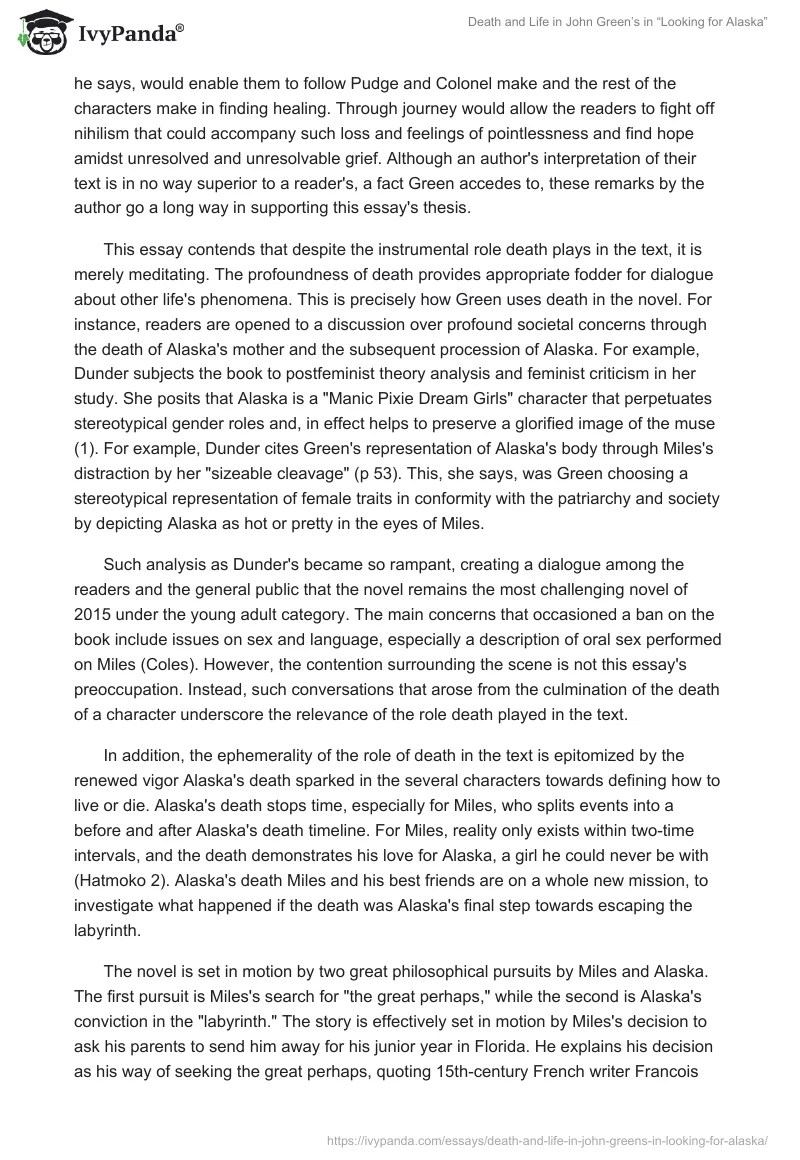 Death and Life in John Green's in "Looking for Alaska" 2811 Words