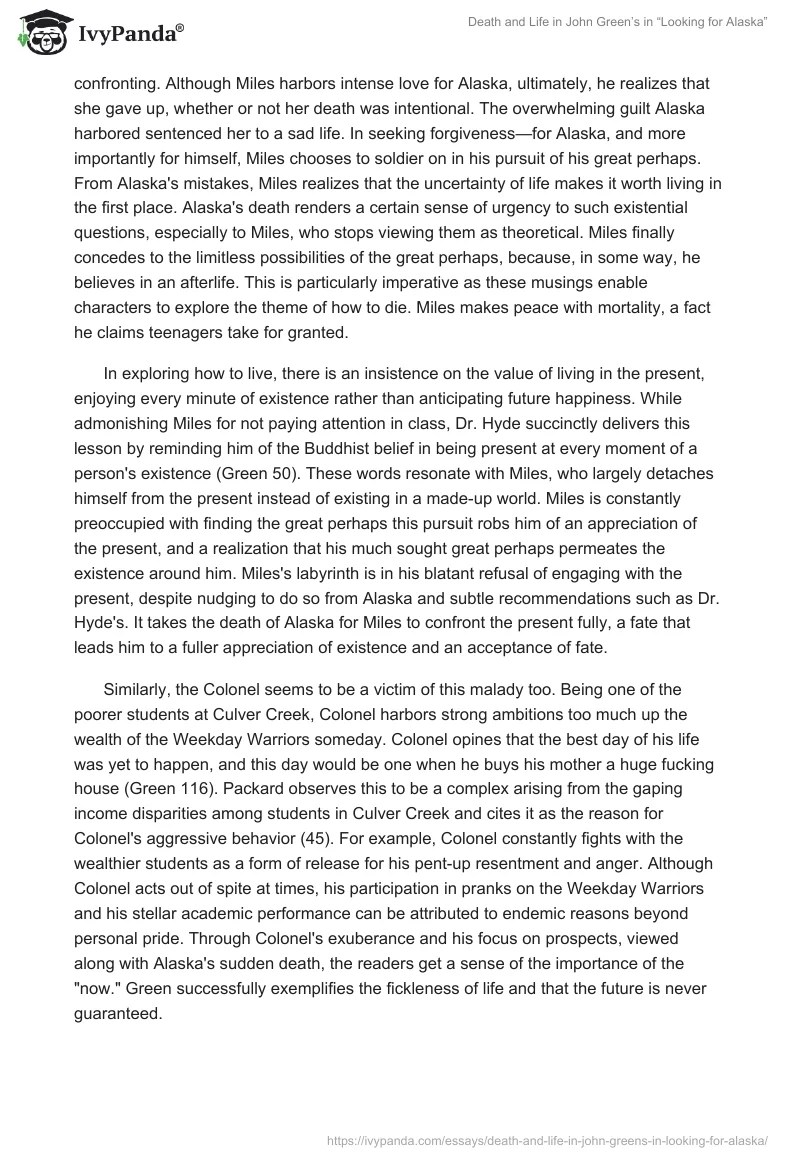 Death and Life in John Green's in "Looking for Alaska" 2811 Words