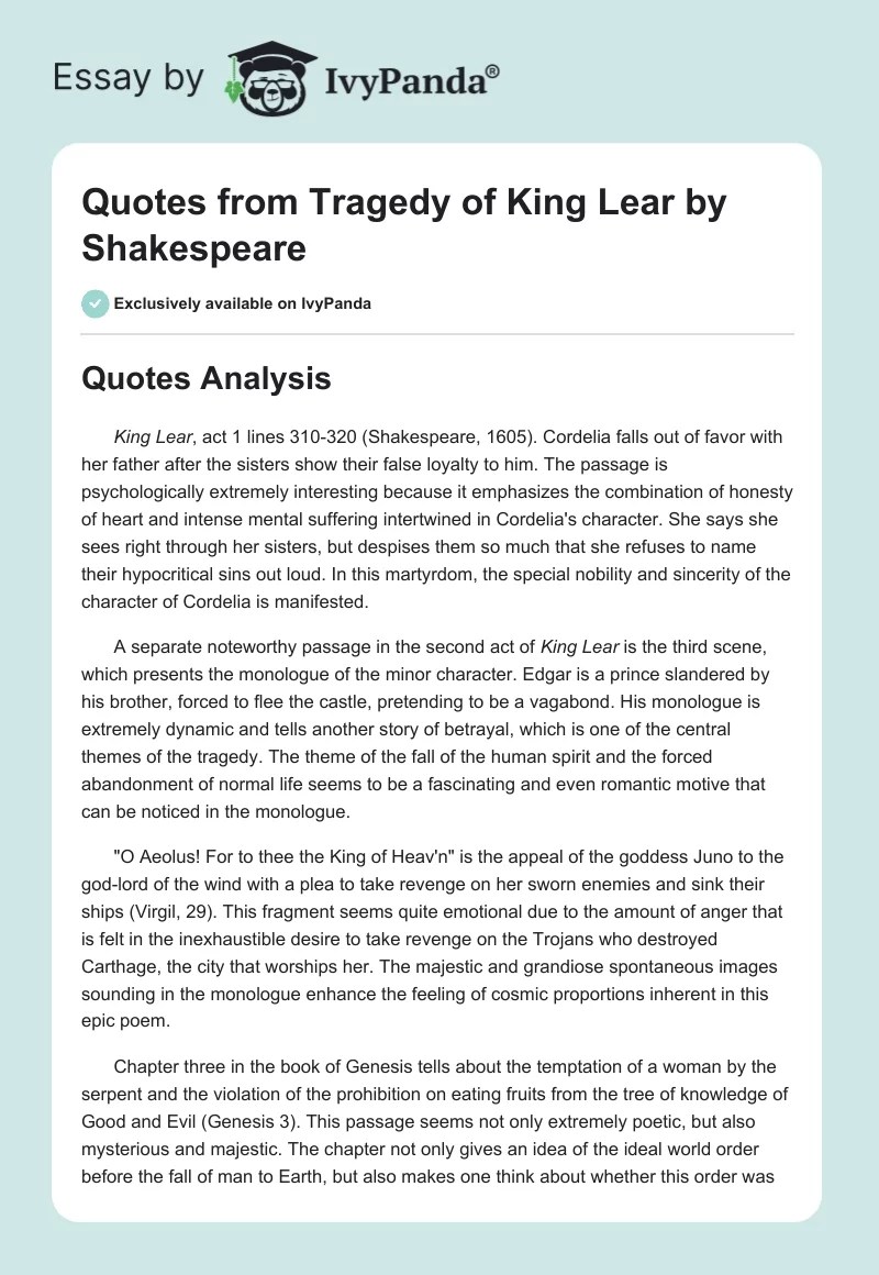 Quotes from Tragedy of King Lear by Shakespeare 1117 Words Essay