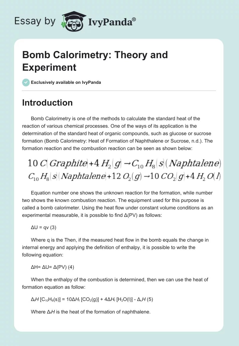 Bomb Calorimetry Theory and Experiment 1595 Words Report Example
