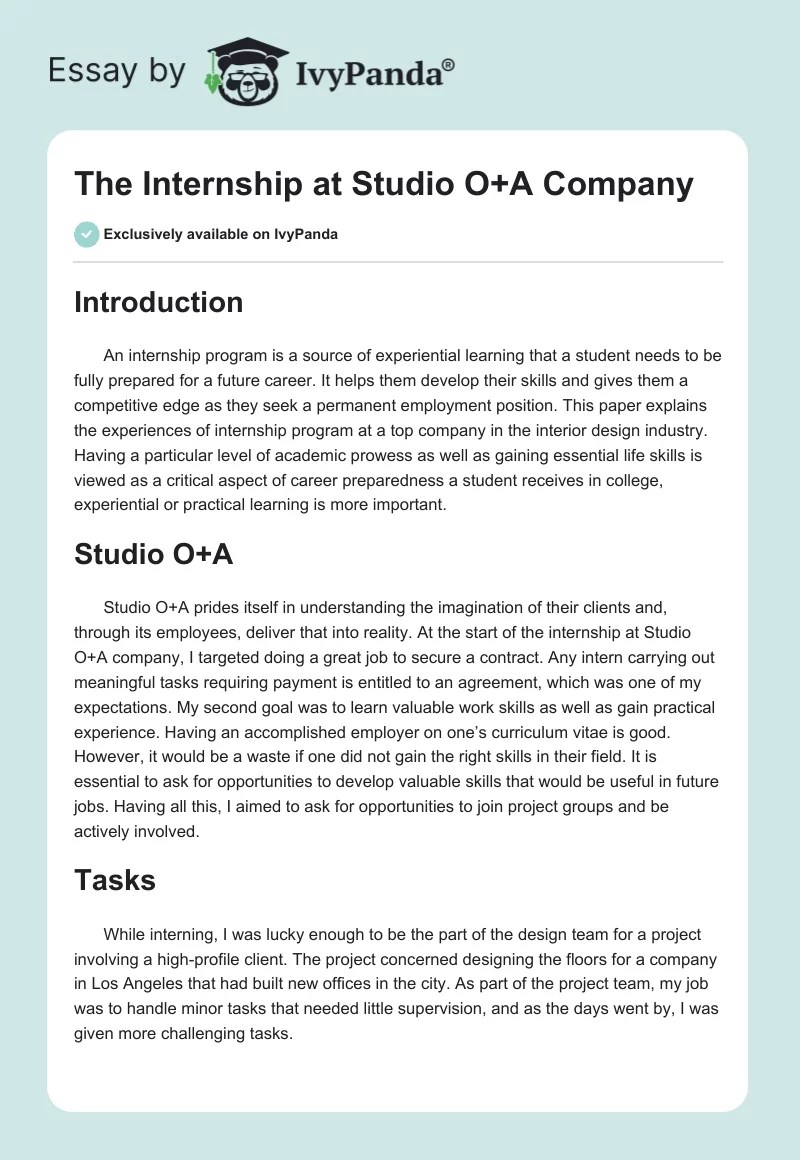 The Internship at Studio O+A Company 1071 Words Essay Example