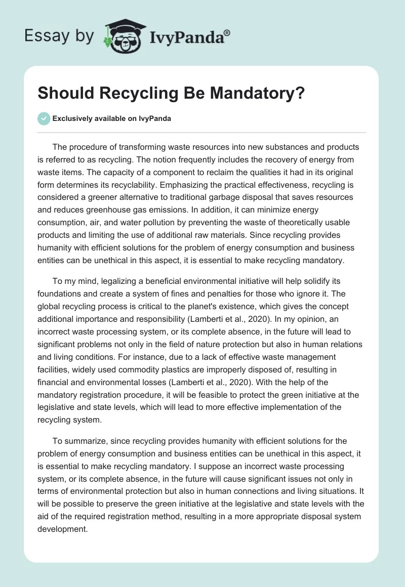Should Recycling Be Mandatory? 365 Words Essay Example