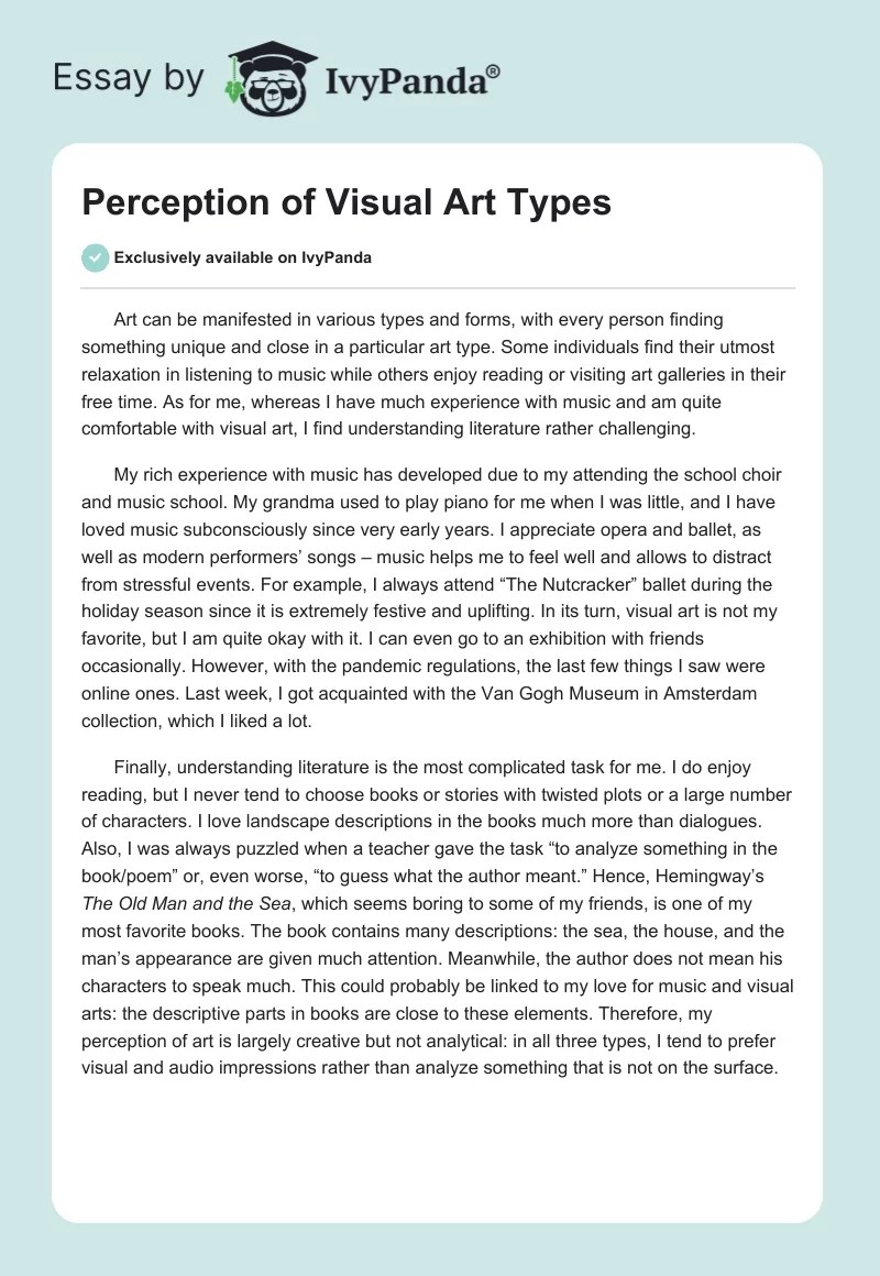 Perception of Visual Art Types 384 Words Essay Example