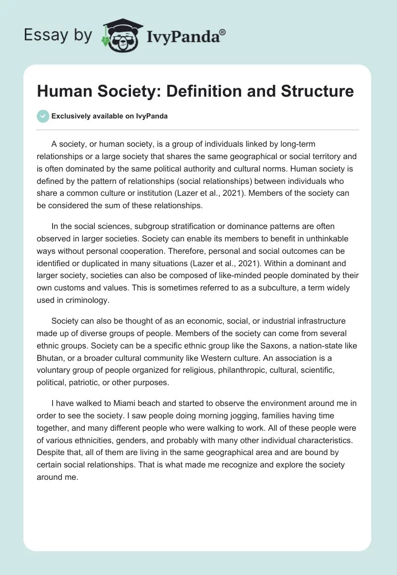 Human Society Definition and Structure 311 Words Essay Example