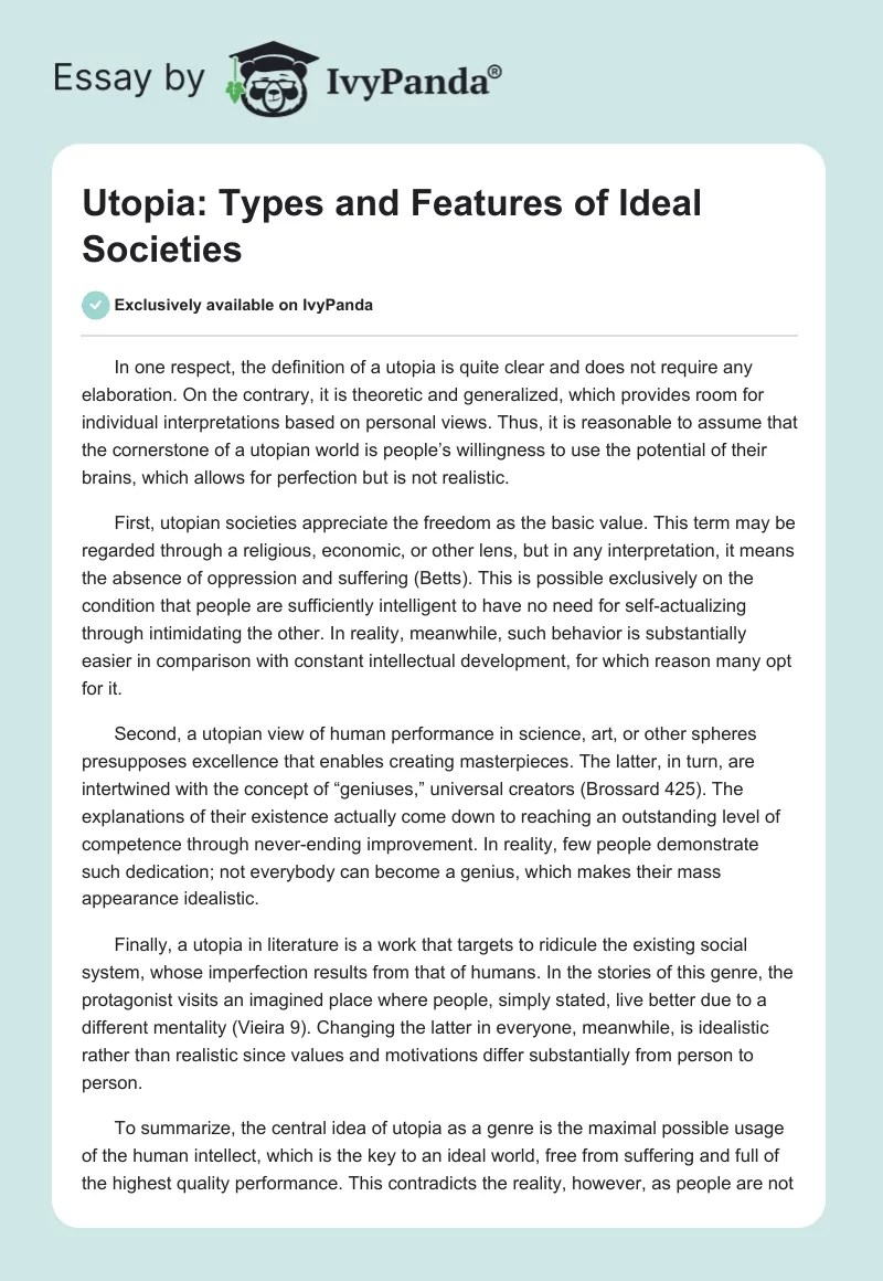 Utopia Types and Features of Ideal Societies 351 Words Essay Example