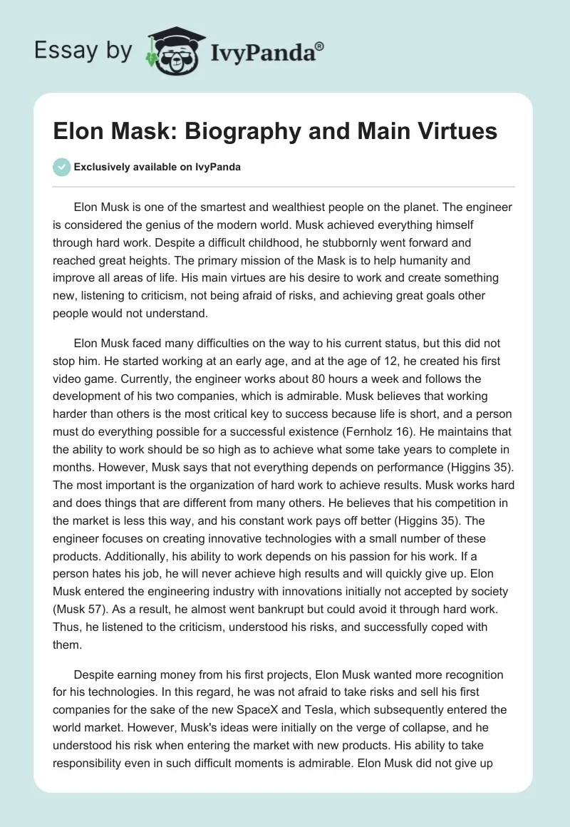 Elon Mask Biography and Main Virtues 887 Words Essay Example