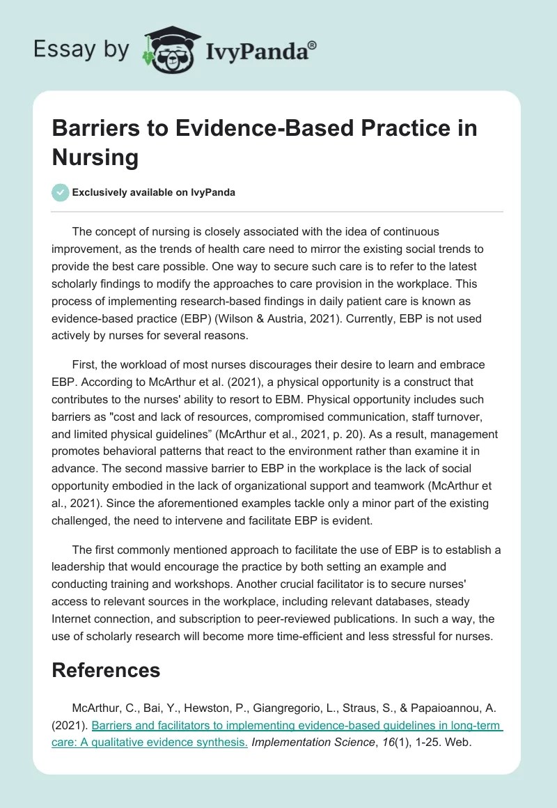 Barriers to EvidenceBased Practice in Nursing 290 Words Essay Example