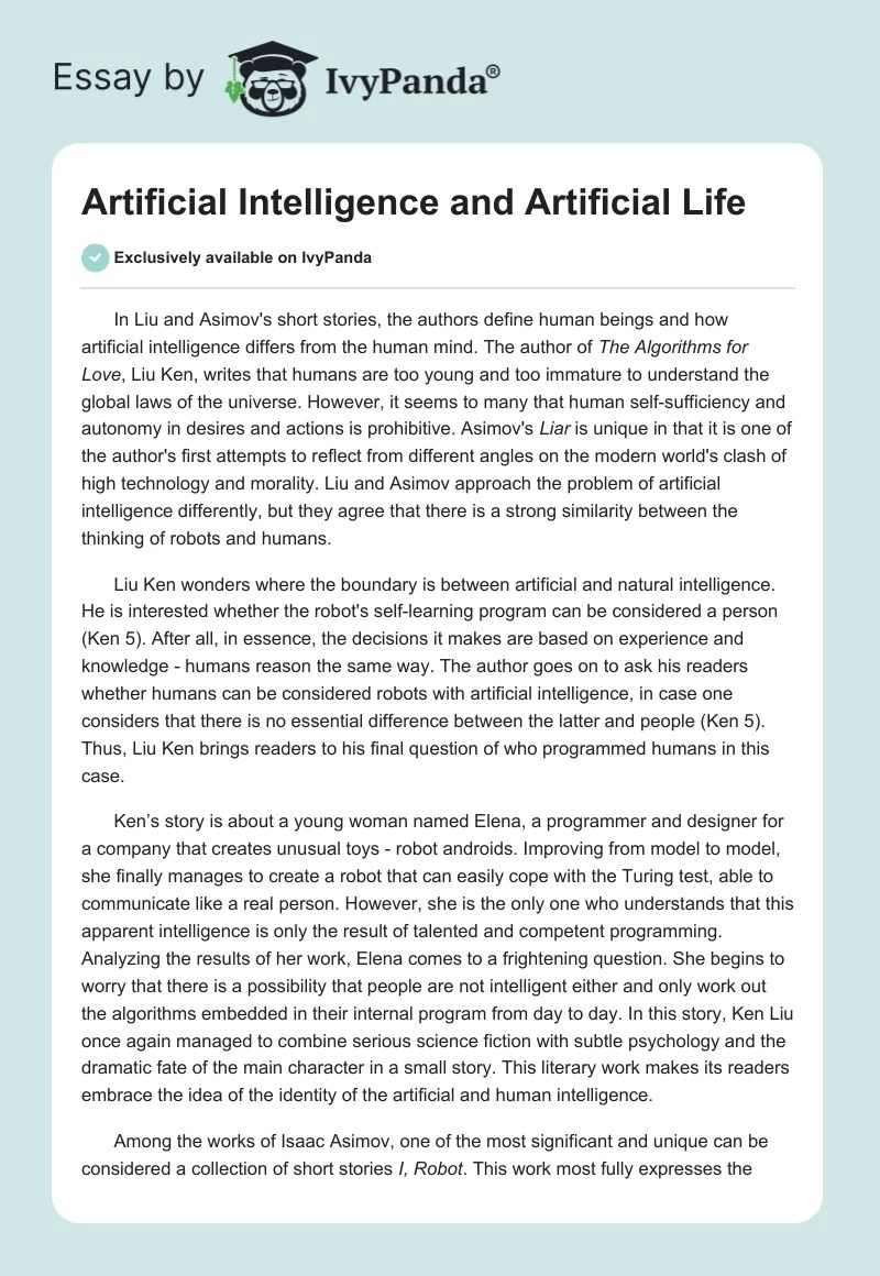 Artificial Intelligence and Artificial Life 599 Words Essay Example