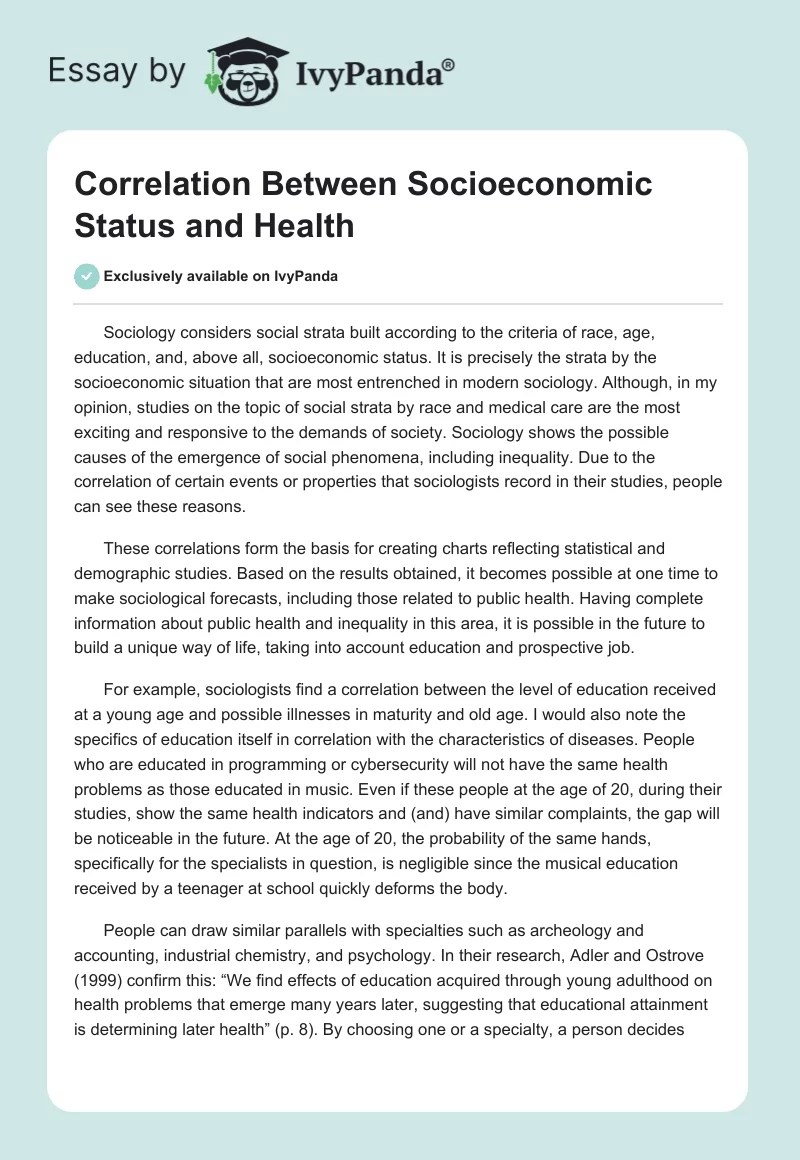 Correlation between Socioeconomic Status and Health 674 Words Essay