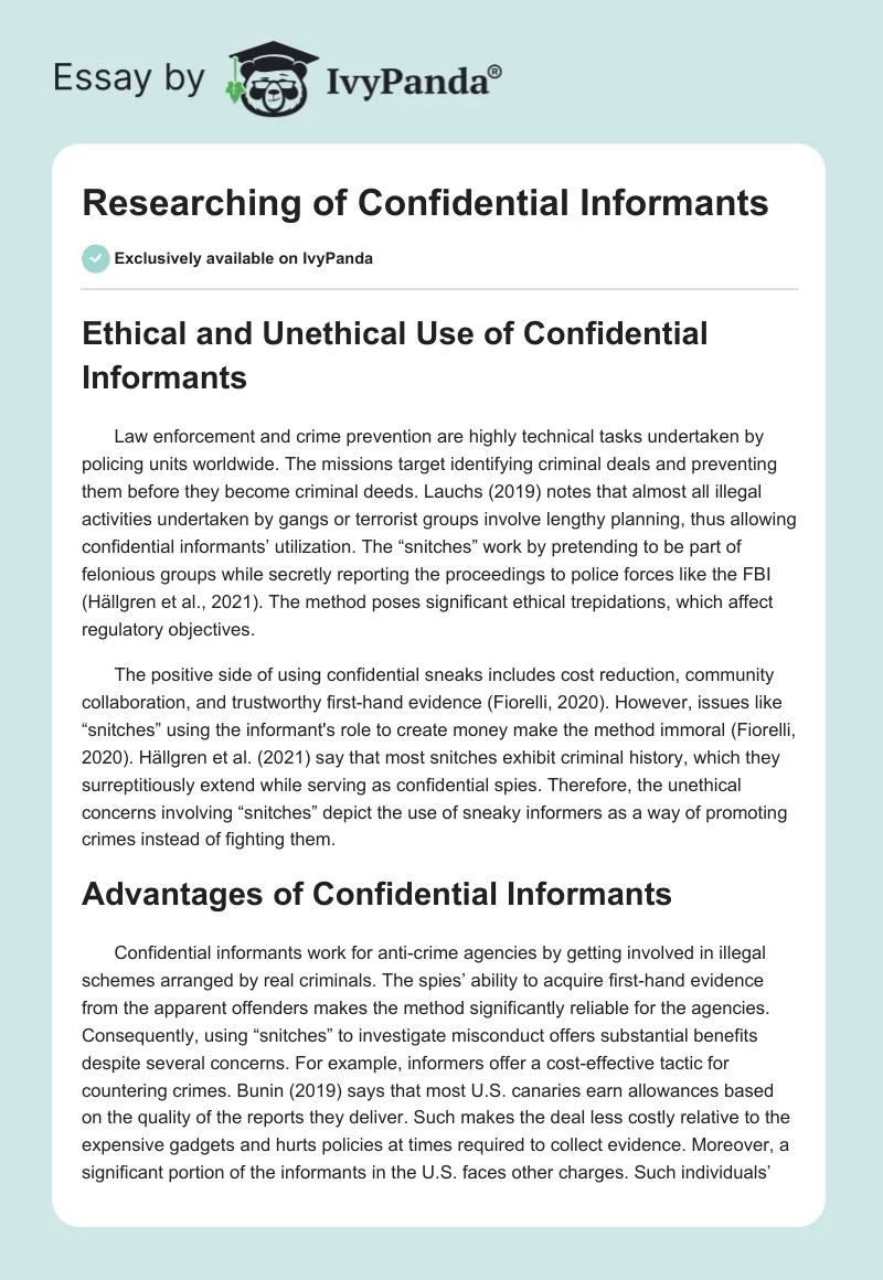 Researching of Confidential Informants 1449 Words Research Paper