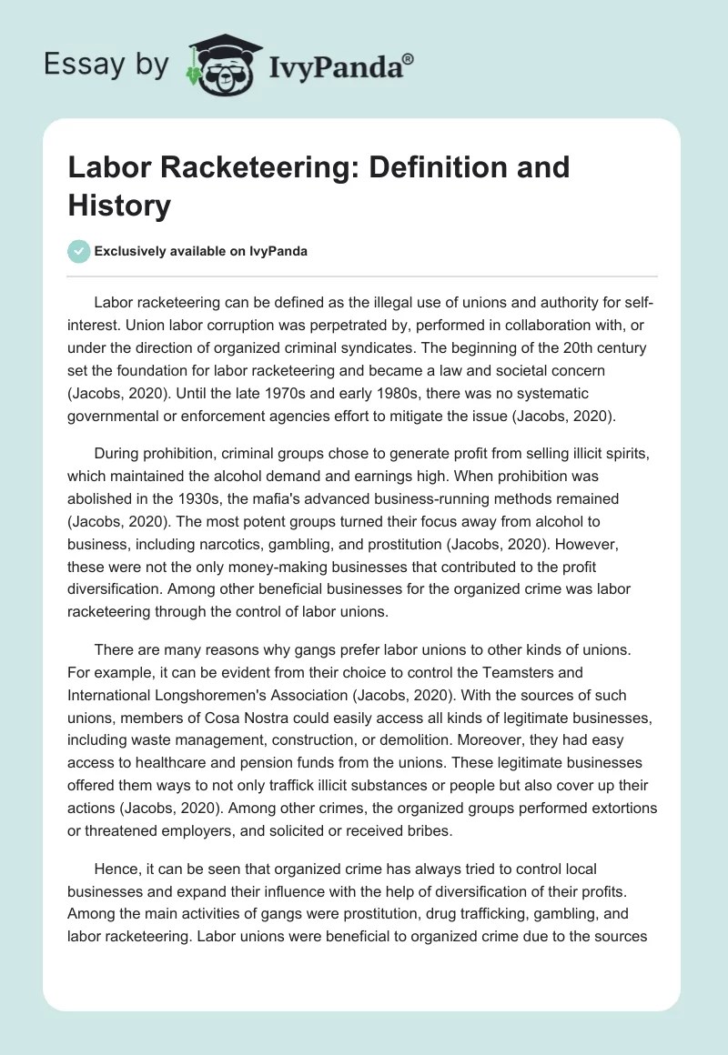 Labor Racketeering Definition and History 336 Words Essay Example