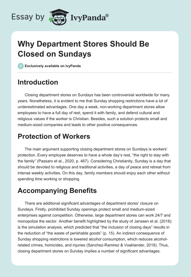 Why Department Stores Should Be Closed on Sundays 325 Words Essay