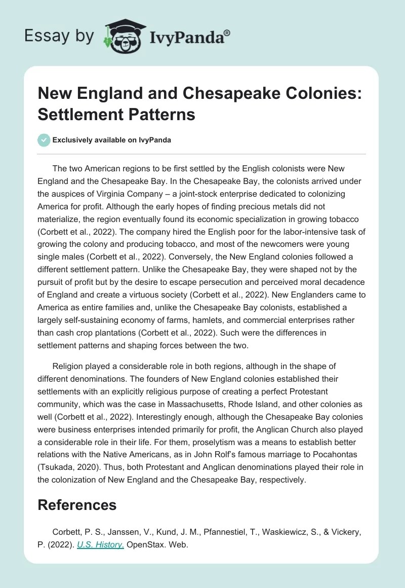 New England and Chesapeake Colonies Settlement Patterns 310 Words