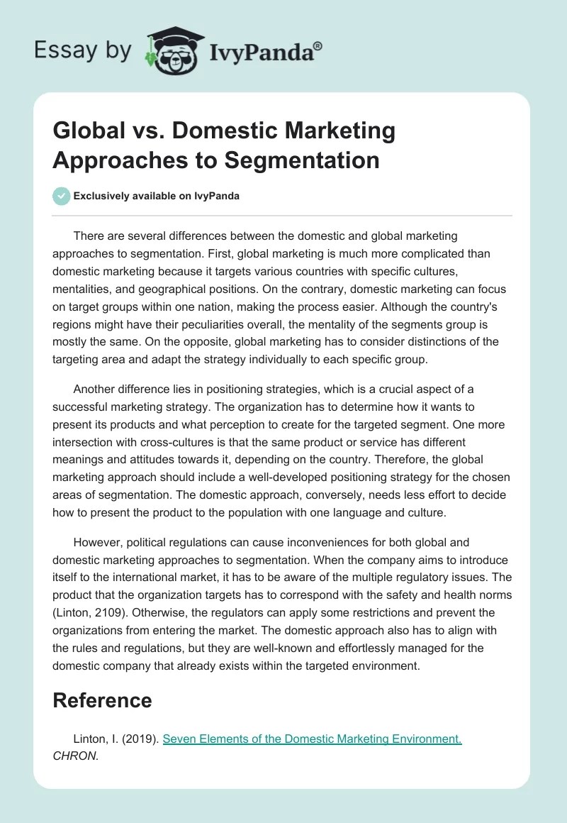 Global vs. Domestic Approaches to Segmentation 290 Words Essay Example