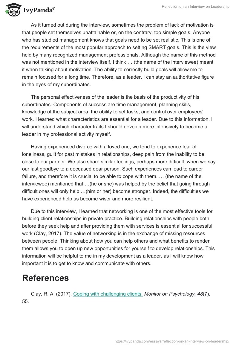 Reflection on an Interview on Leadership 1138 Words Essay Example