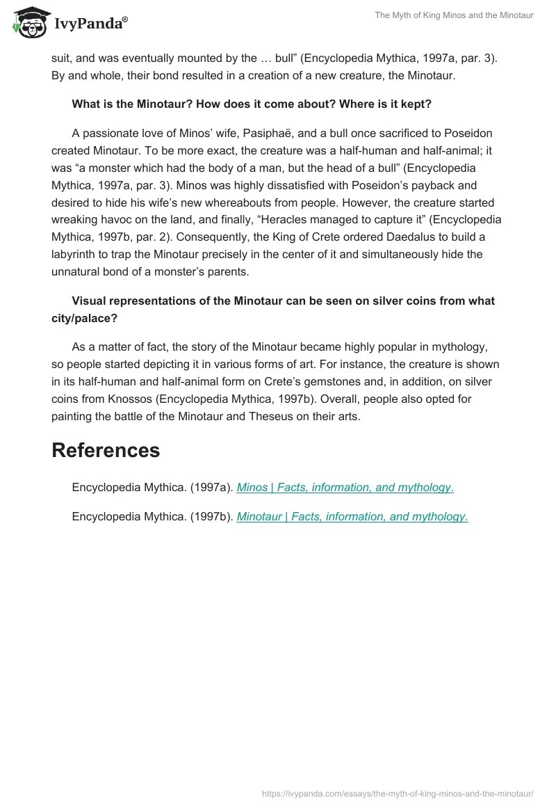 The Myth of King Minos and the Minotaur 603 Words Essay Example