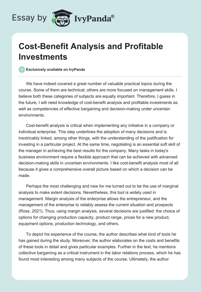 CostBenefit Analysis and Profitable Investments 347 Words Essay Example