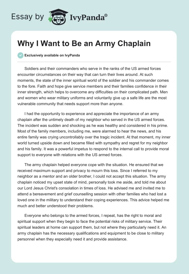 Why I Want to Be an Army Chaplain 551 Words Essay Example
