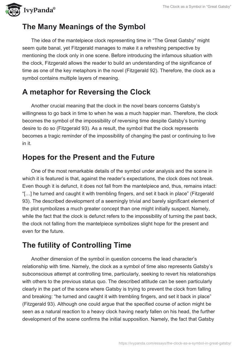 The Clock as a Symbol in "Great Gatsby" 1187 Words Essay Example