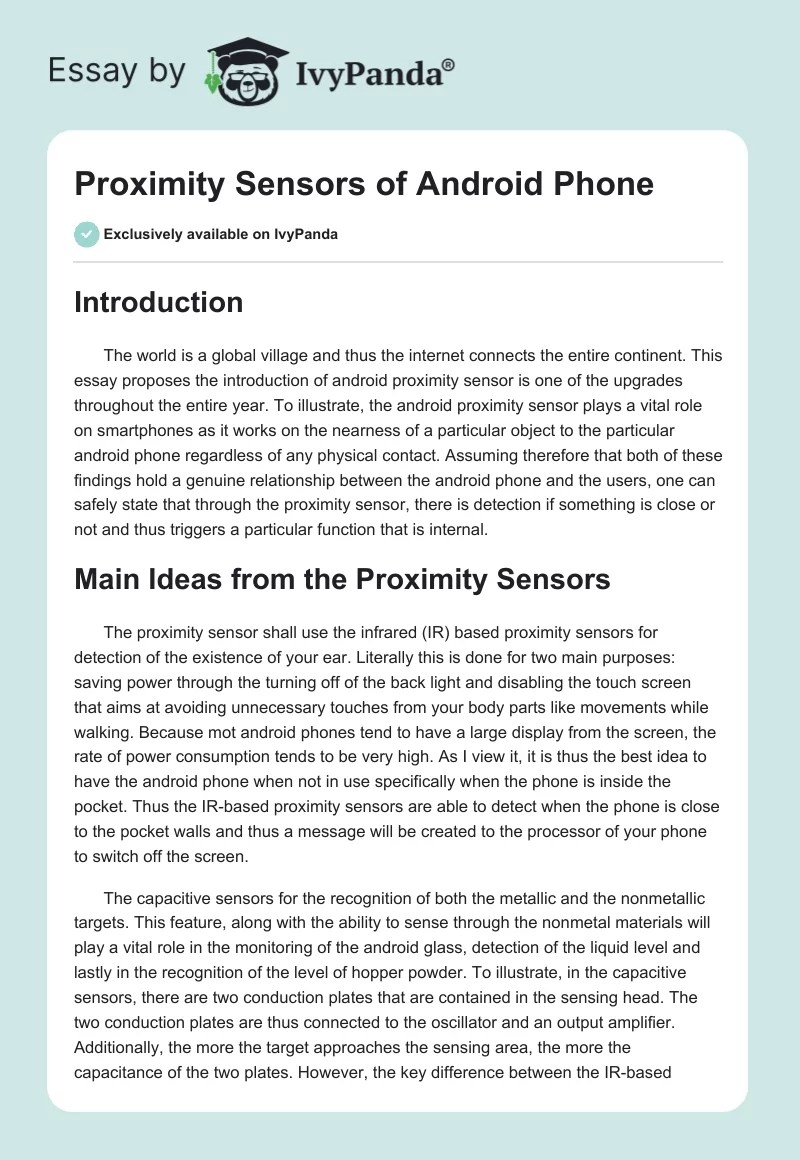 Proximity Sensors of Android Phone 939 Words Essay Example