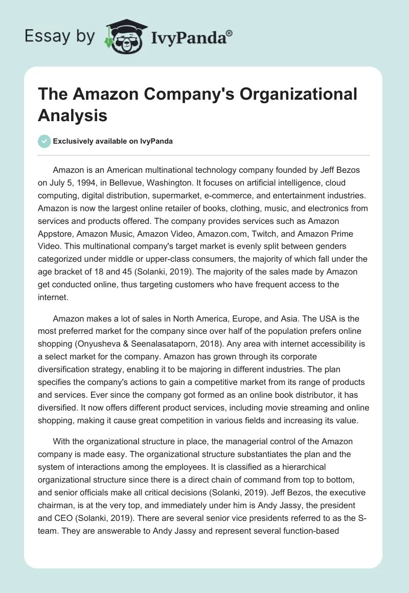 The Amazon Company's Organizational Analysis 977 Words Essay Example