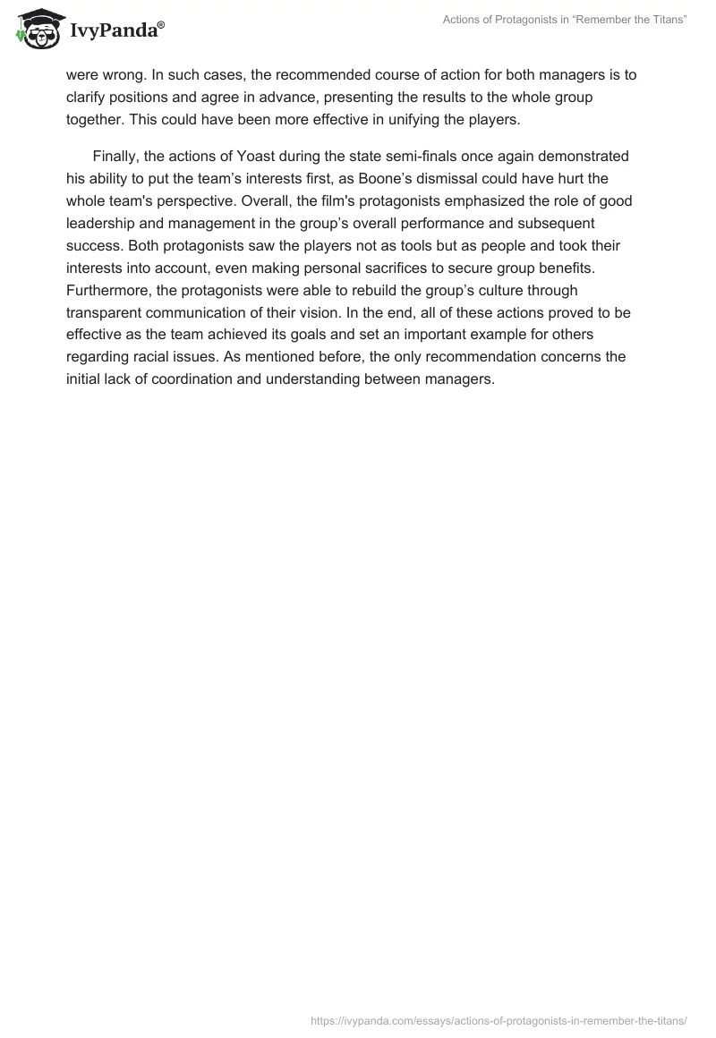 Actions of Protagonists in "Remember the Titans" 555 Words Movie