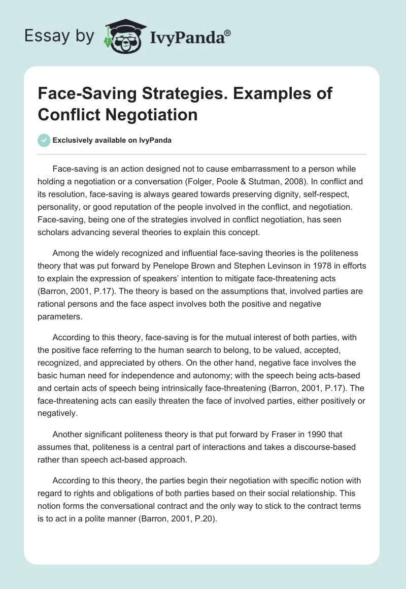 FaceSaving Strategies. Examples of Conflict Negotiation Essay