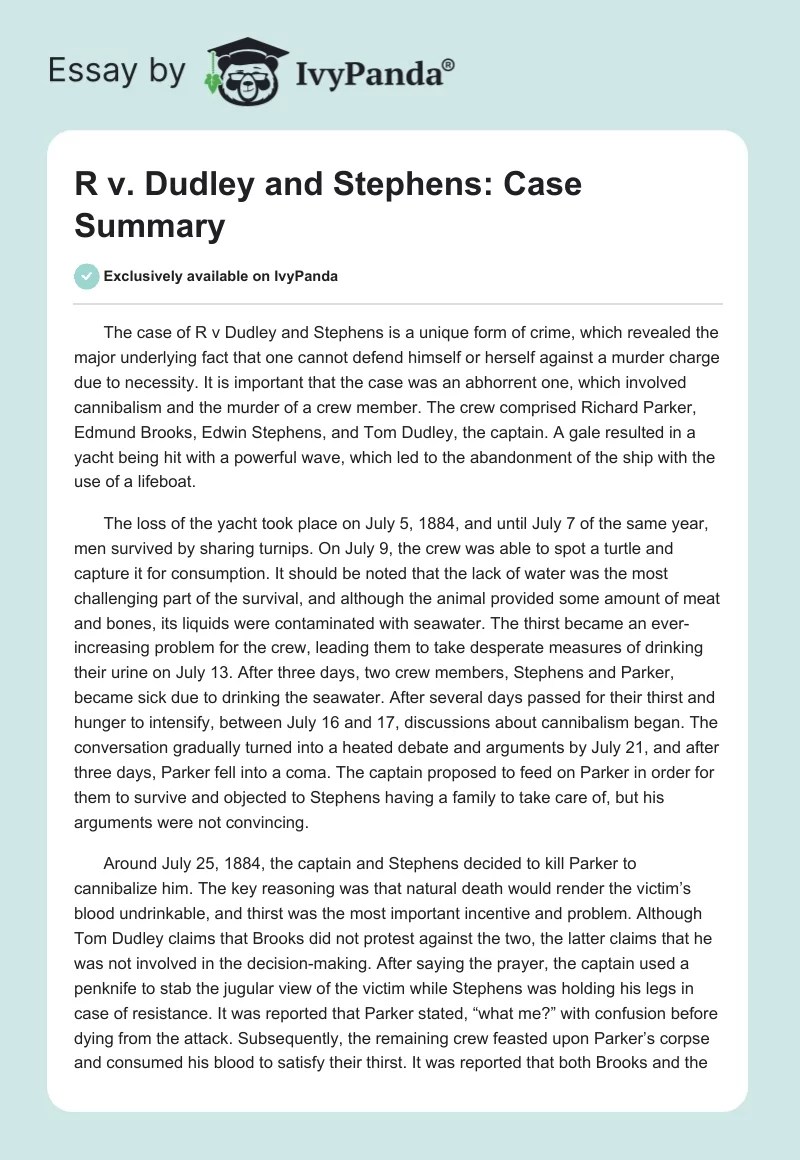 R v. Dudley and Stephens Case Summary 575 Words Essay Example
