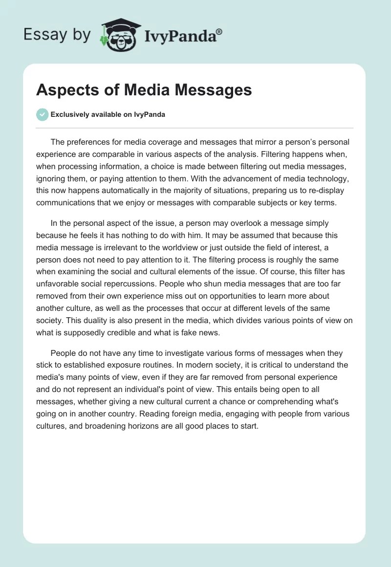 Aspects of Media Messages 308 Words Essay Example
