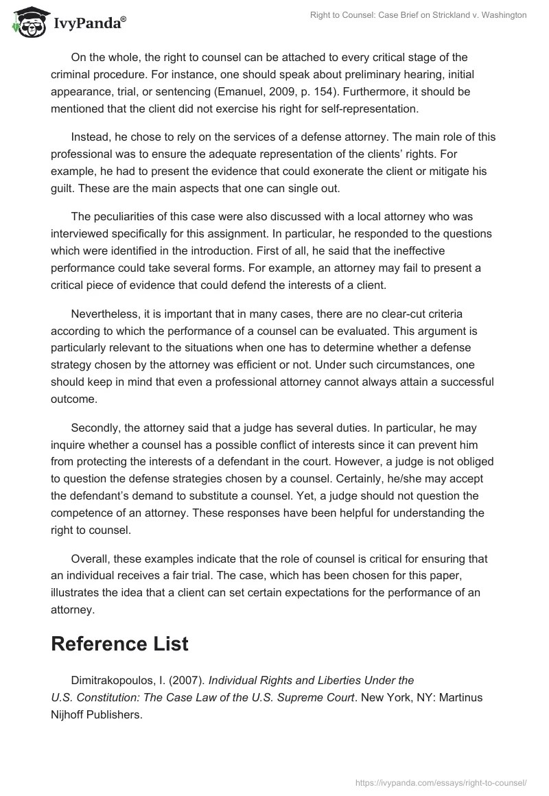Right to Counsel Case Brief on Strickland v. Washington 688 Words