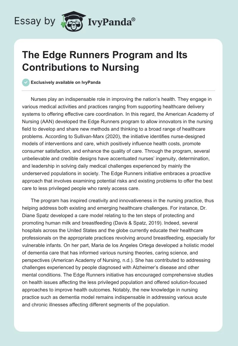 The Edge Runners Program and Its Contributions to Nursing 318 Words