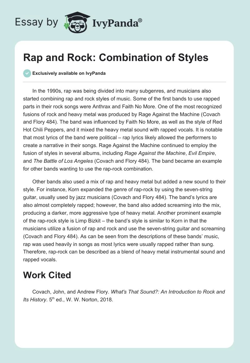 Rap and Rock Combination of Styles 309 Words Essay Example