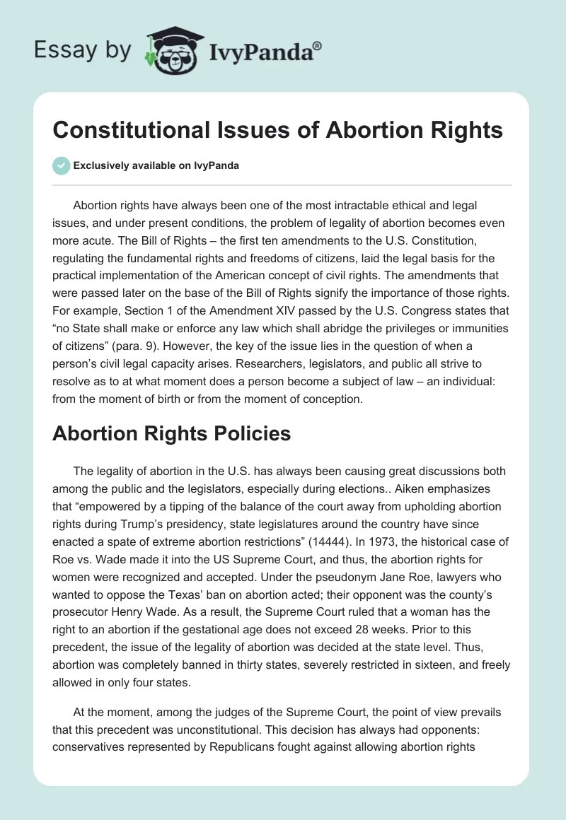 Constitutional Issues of Abortion Rights 601 Words Essay Example
