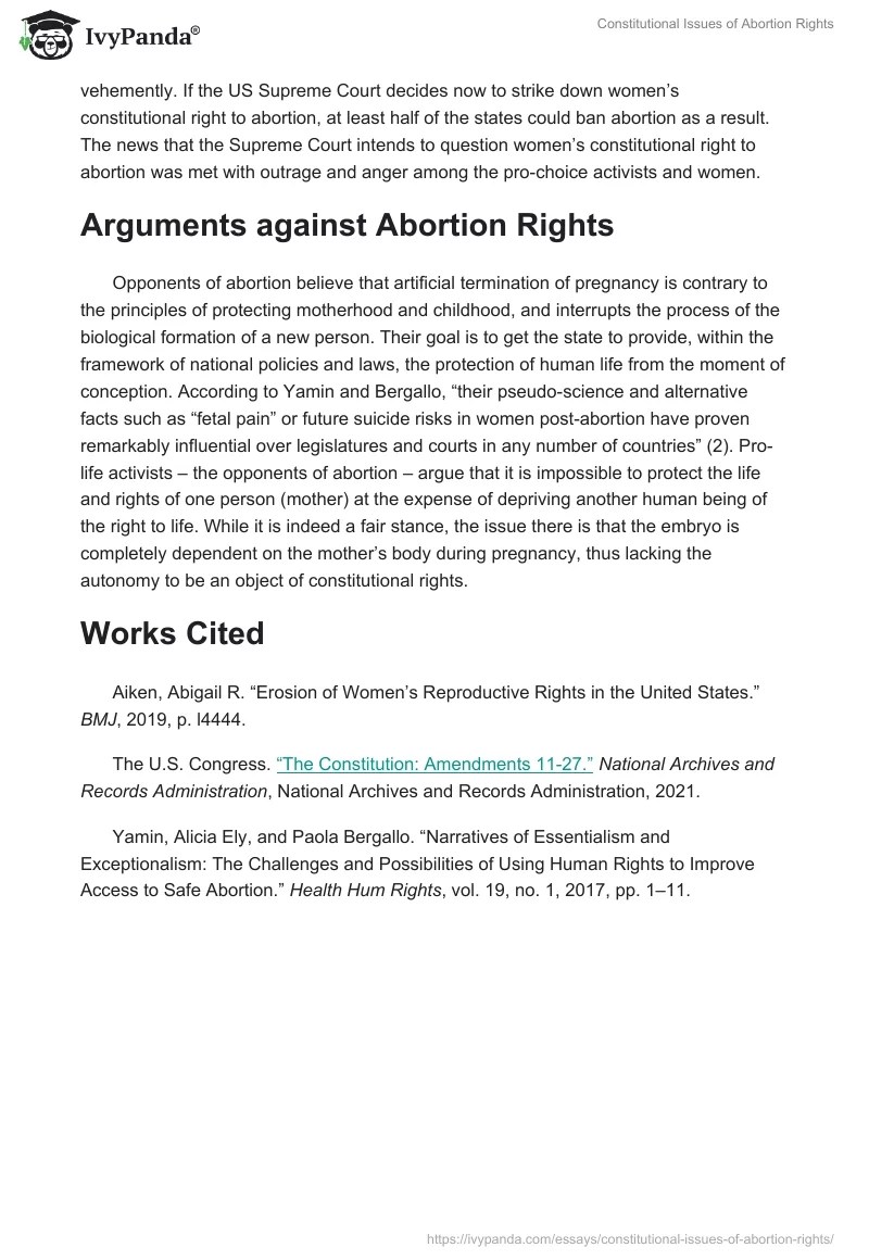 Constitutional Issues of Abortion Rights 601 Words Essay Example