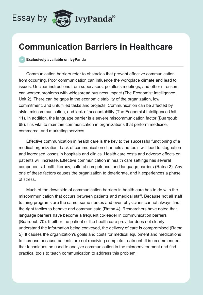 Communication Barriers in Healthcare 321 Words Essay Example