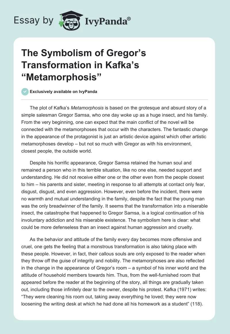 The Symbolism of Gregor's Transformation in Kafka's "Metamorphosis