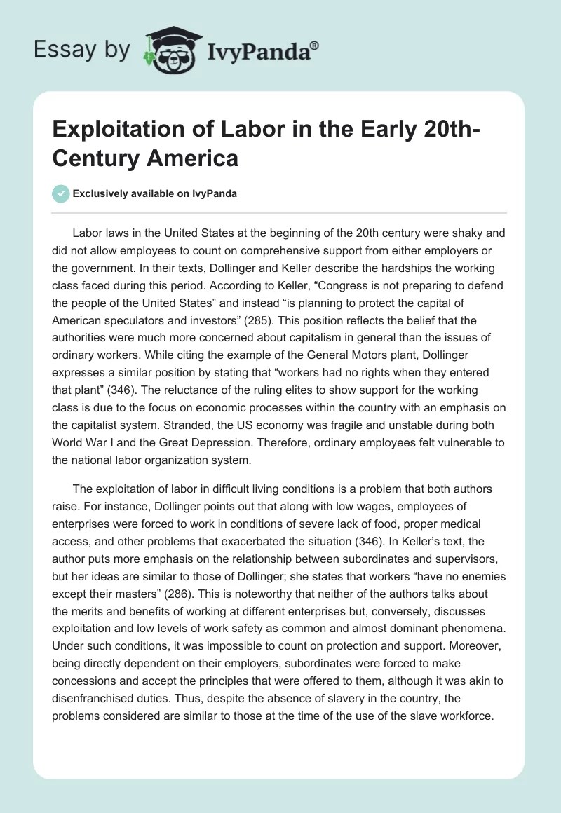 Exploitation of Labor in the Early 20thCentury America 552 Words Essay Example