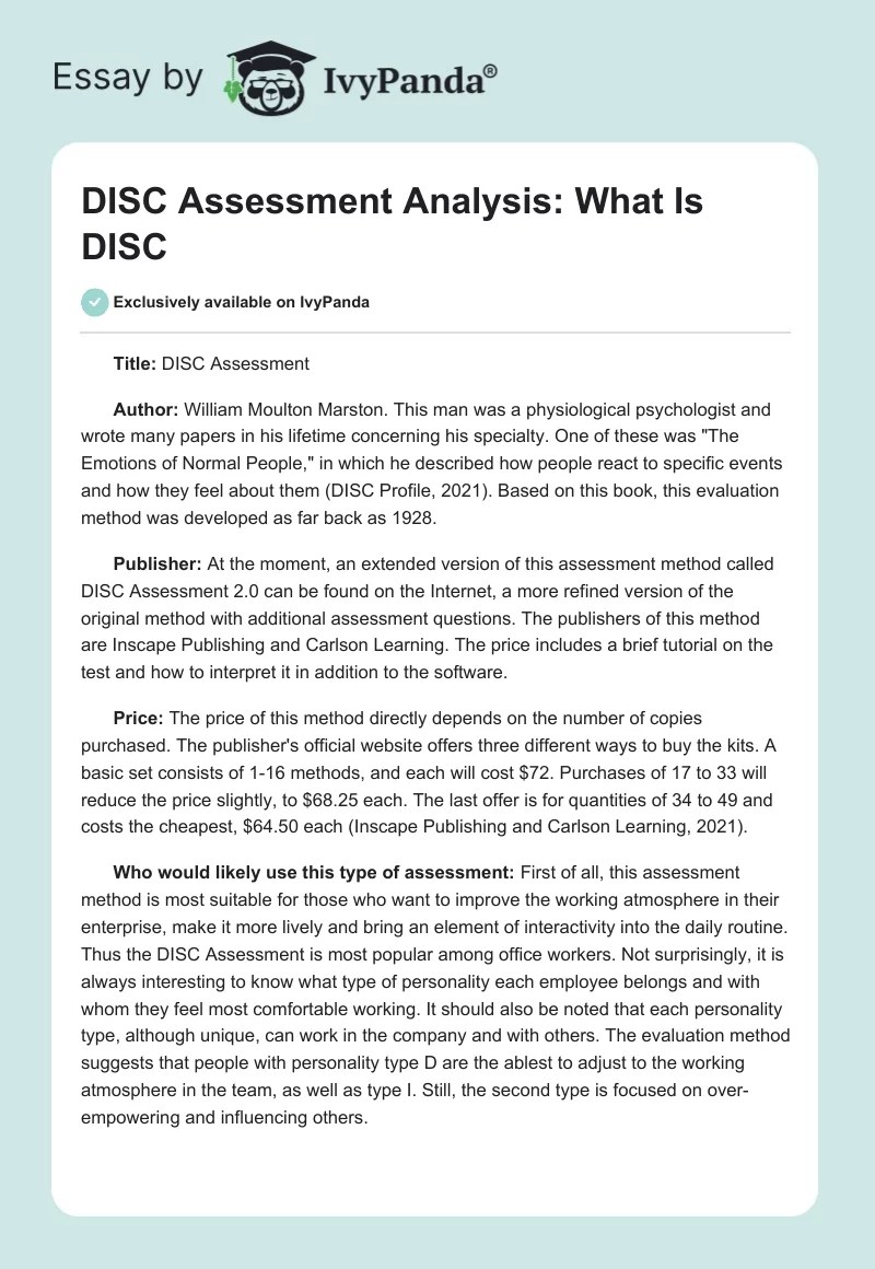 DISC Assessment Analysis What Is DISC 626 Words Assessment Example