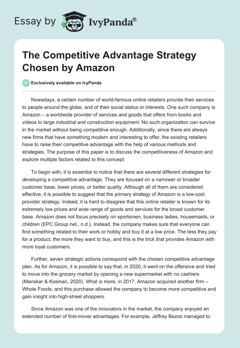 The Competitive Advantage Strategy Chosen by Amazon 623 Words Essay
