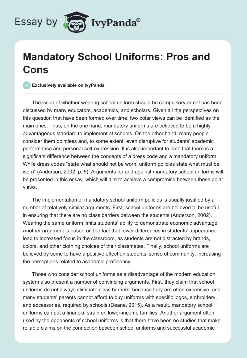 Mandatory School Uniforms Pros and Cons 606 Words Essay Example