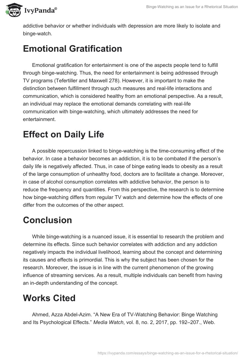 BingeWatching as Issue for Rhetorical Situation 553 Words Essay