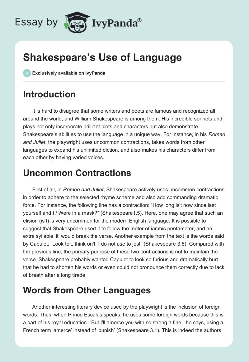Shakespeare's Use of Language 673 Words Essay Example