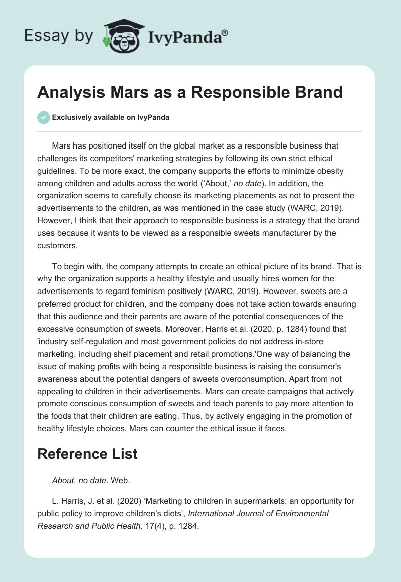 Analysis Mars as a Responsible Brand 282 Words Critical Writing Example