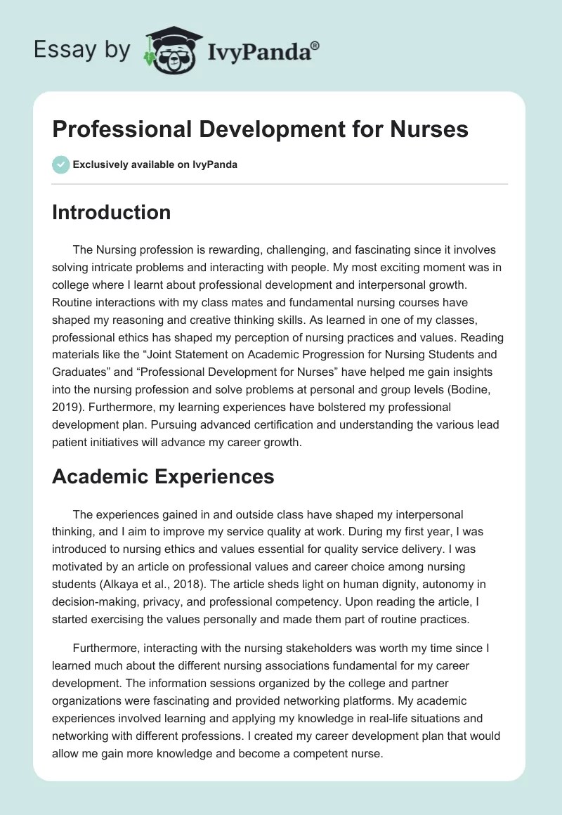 Professional Development for Nurses 596 Words Essay Example