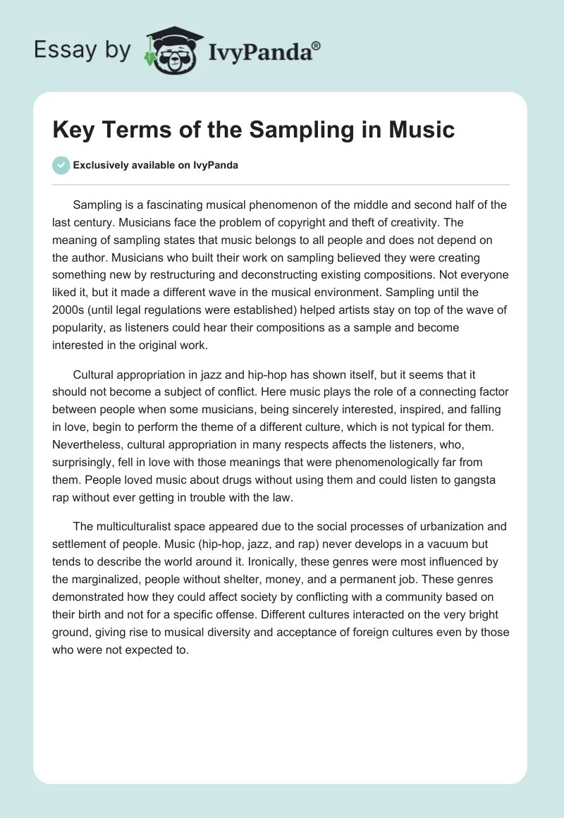 Key Terms of the Sampling in Music 314 Words Essay Example
