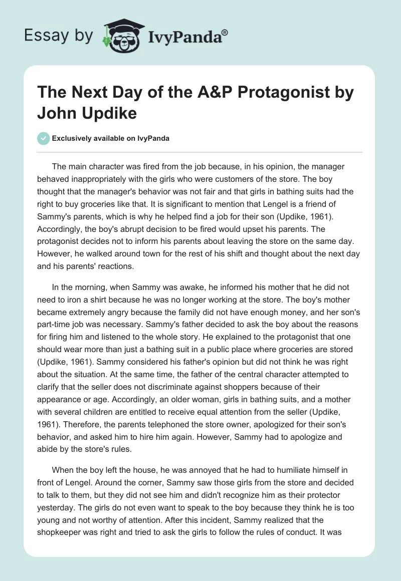 The Next Day of the "A&P" Protagonist by John Updike 500 Words Essay Example