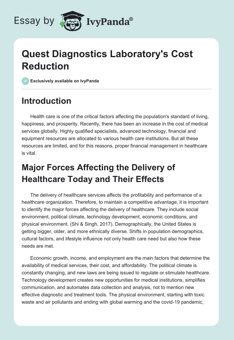 Quest Diagnostics Laboratory's Cost Reduction 1227 Words Proposal
