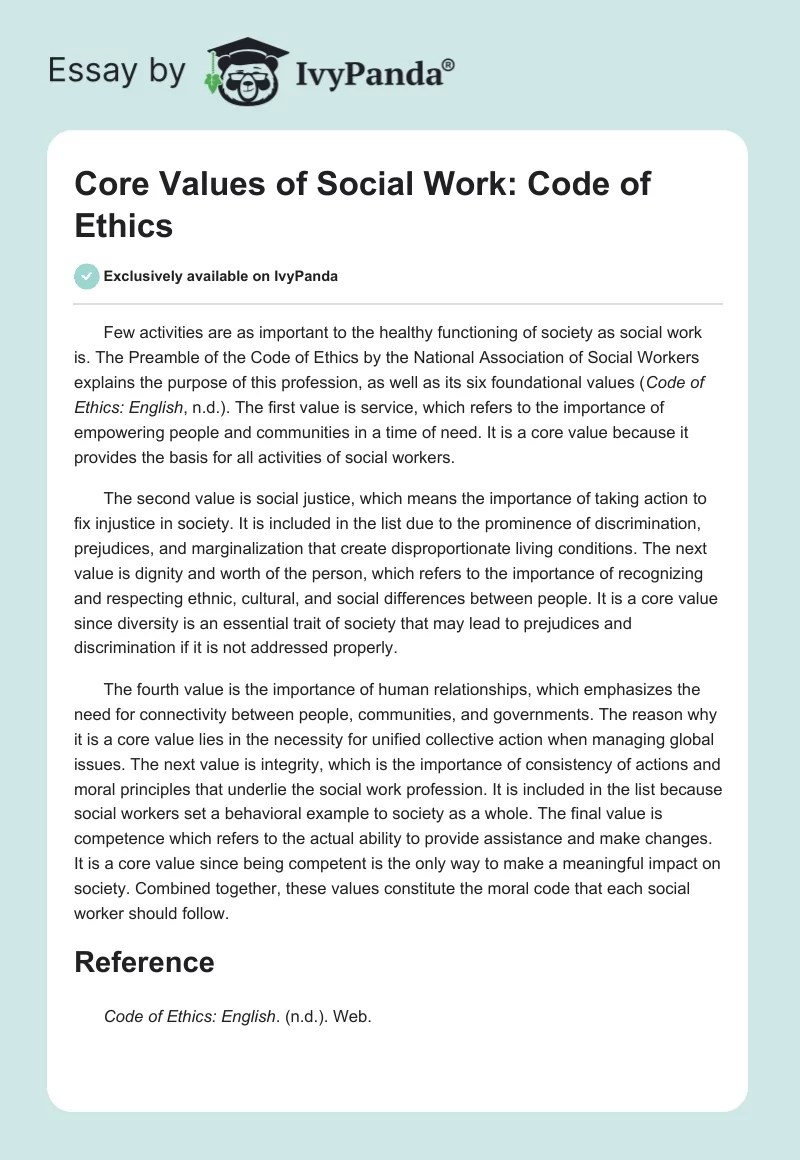 Core Values of Social Work Code of Ethics 303 Words Essay Example