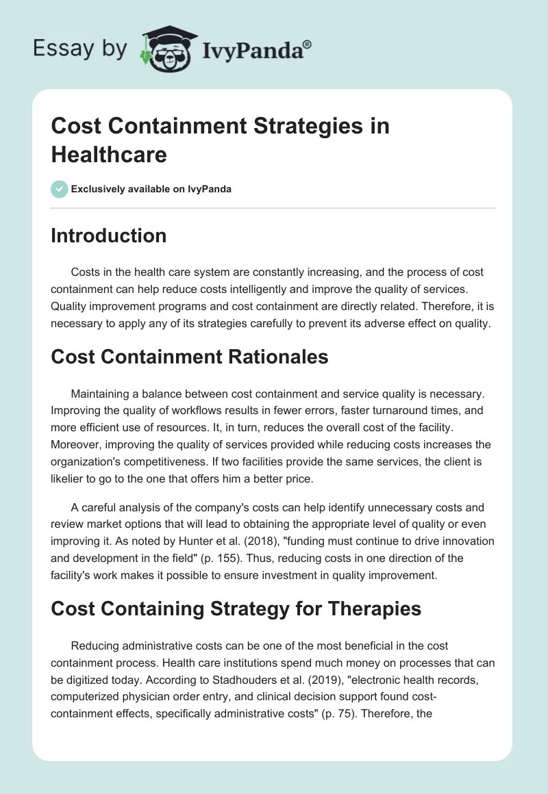 Cost Containment Strategies in Healthcare 701 Words Essay Example