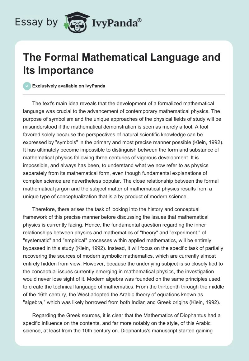 Formal Mathematical Language and Its Importance 560 Words Essay Example